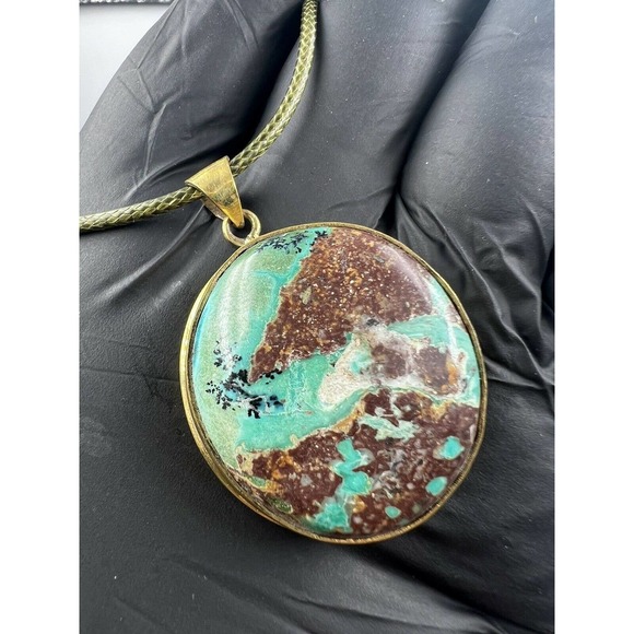 Natural Persian Turquoise Pendant Metal Brass Handmade With Rope - Picture 10 of 12